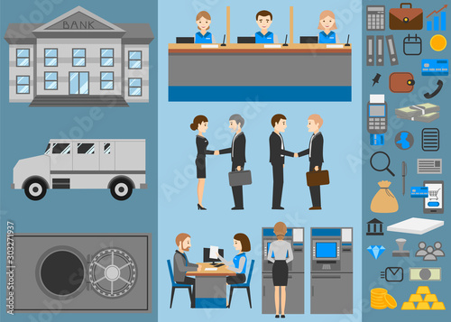 Bank flat icons set. Business people. Collector car. Financial consultants and operators. Banking. Vector illustration.