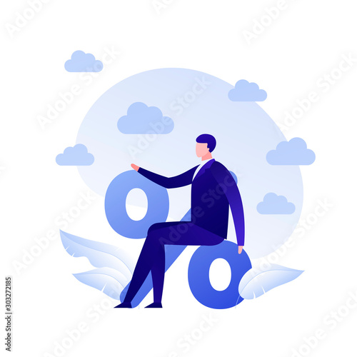 Vector flat business people illustration. Businessman sitting on discount sign isolated on white background. Concept of low interest, insurance. Design element for banner, poster, web
