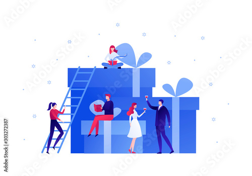 Vector flat gift box holiday people illustration. Business team celebrate sitting on huge gift boxes isolated on white background with snowflakes. Design element for banner, poster, web, infographics.