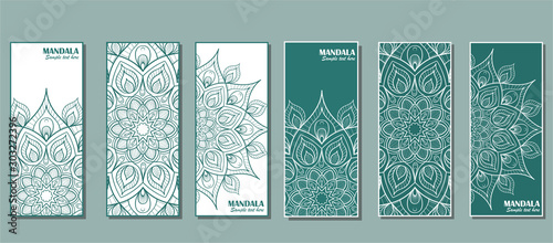 Set of cards with the image of a circular mandala in turquoise color. photo