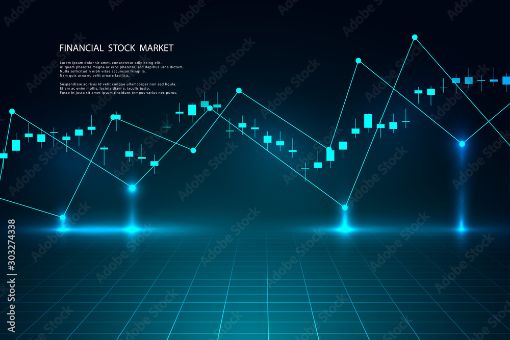 Fototapeta premium Stock market graph or forex trading chart for business and financial concepts, reports and investment on dark background. Vector illustration