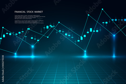 Stock market graph or forex trading chart for business and financial concepts, reports and investment on dark background. Vector illustration