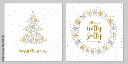 Christmas cards, golden tree and christmas wreath on a white background. Minimalistic corporate style, stylish. Vector flat illustration