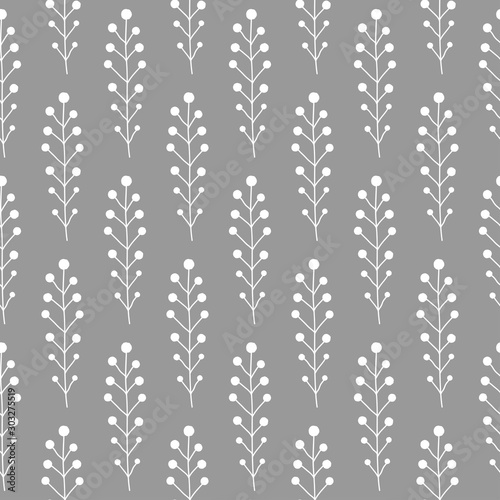 Floral Seamless pattern texture with white berries branches on grey background.