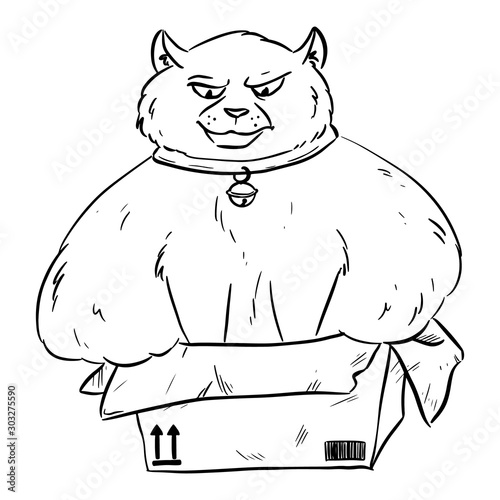 Funny fat overweight cat trying to fit into a cardboard Box. Humor cartoon style illustration