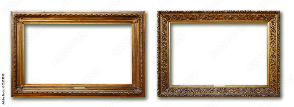 Set of three vintage golden baroque wooden frames on isolated background - obrazy, fototapety, plakaty 