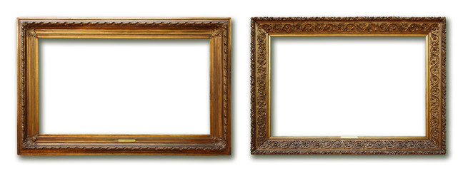 Set of three vintage golden baroque wooden frames on isolated background