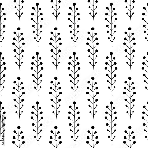 Floral Seamless pattern texture with berries branches in black and white.