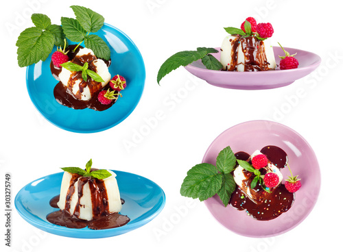 Cream pudding with chocolate sauce, raspberry and mint