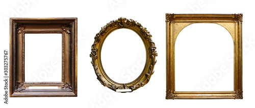 Set of three vintage golden baroque wooden frames on isolated background
