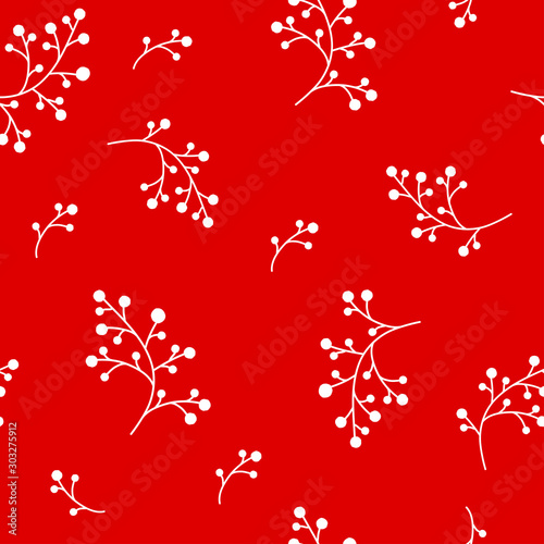 Floral Seamless pattern texture with white berries branches on red background. Vector illustration