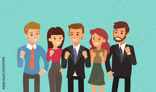 happy business team with fist up gesture. teamwork and togetherness concept cartoon illustration. photo