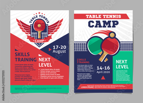 Table Tennis, Ping Pong Camp Posters, Flyer with Table Tennis Ball and Table Tennis Rackets - Template Vector Design