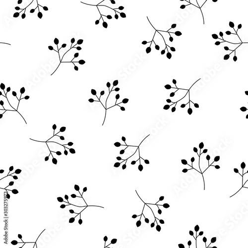Floral Seamless pattern texture with black berries branches. White background. Vector illustration