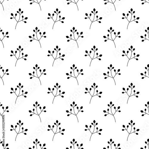 Floral Seamless pattern texture with berries branches in black and white.
