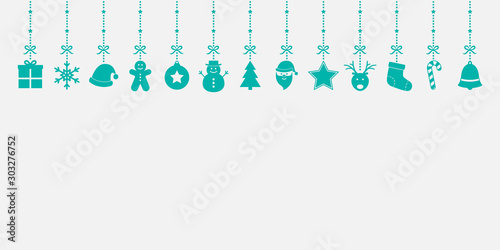 Hanging Christmas ornaments on white background. Festive decoration. Vector