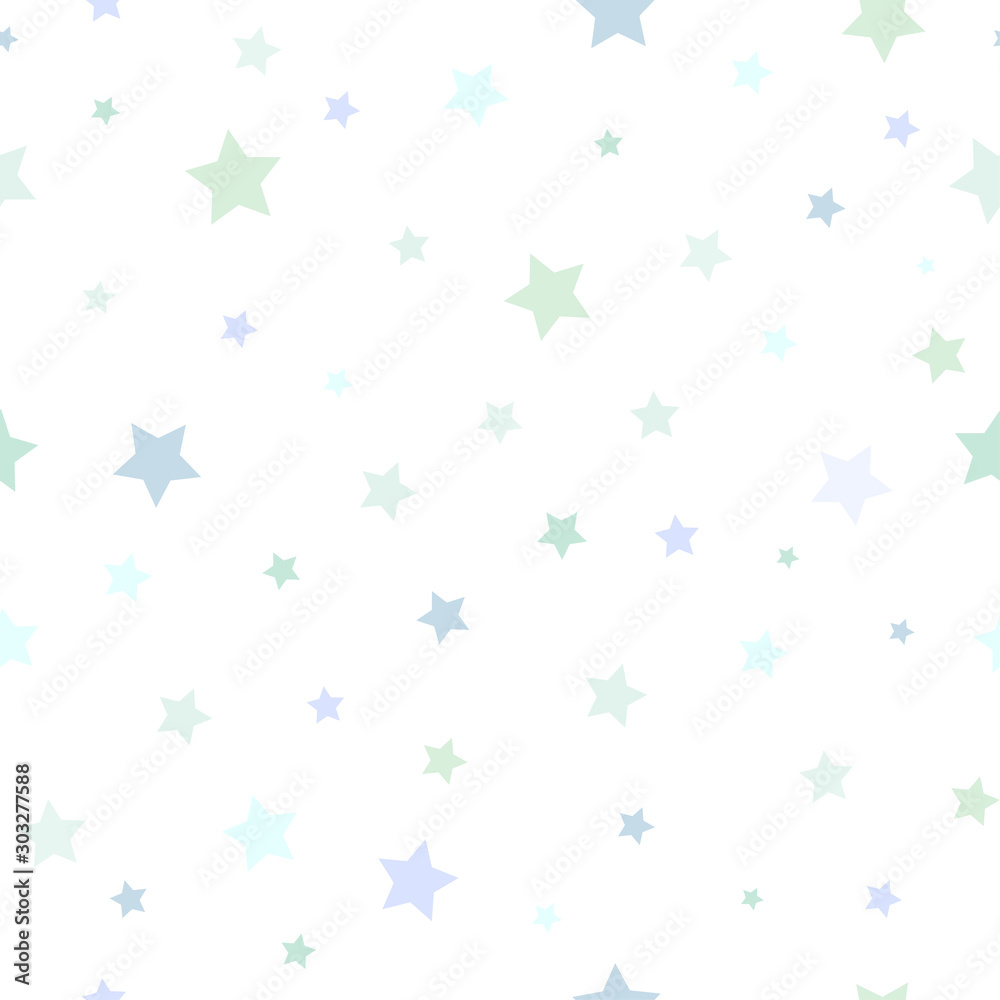 Seamless abstract pattern with little stars of different size and color on white background.