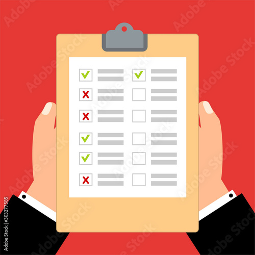 Hands holding a document and pen, filling checklist on document. Business concept.Vector illustration for web banner, business presentation, advertising material.