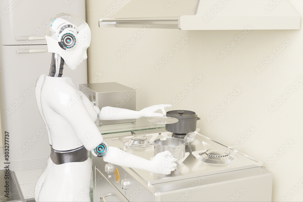 3d rendering ai cooking robot artificial intelligence to cook food