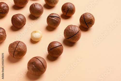 Wallpaper Mural Tasty macadamia nuts on color background. Concept of uniqueness Torontodigital.ca