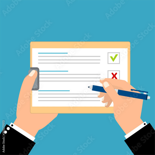 Hand filling checklist. Exam form or Survey paper sheets pile with answered quiz checklist and success result assessment, idea of education test, questionnaire, document vector illustration flat style