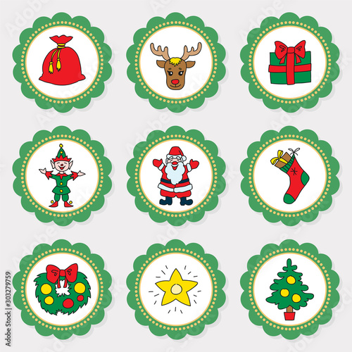 Christmas cupcake toppers. Set of cupcake toppers for christmas party with doodle illustrations of Santa, elf, christmas decorations, christmas tree ets. Vector 8 EPS.