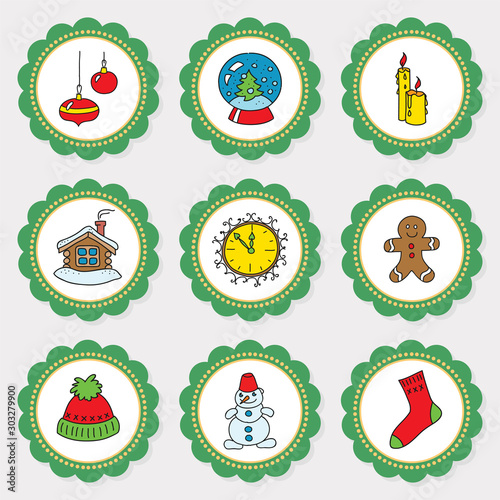 Cupcake toppers for winter party. Set of cute cupcake toppers with doodle illustrations of winter symbols: snowman, christmas decorations, winter house, hat and socks ets. Vector 8 EPS.