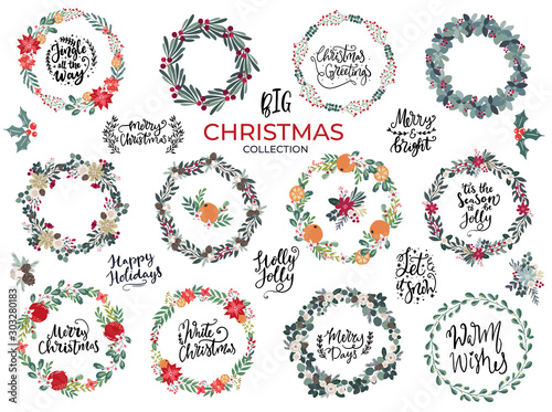 Big collection of Christmas wreaths, florals and lettering typography greetings for Merry Christmas and Winter holidays products, banners, invitations, templates in hand drawn scandinavian style