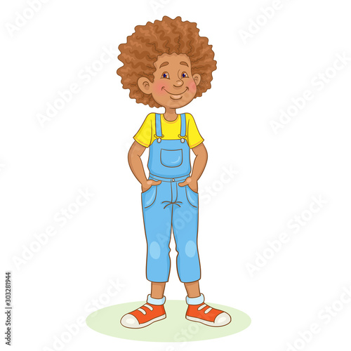 Funny little afro american boy is standing with his hands in his pockets.  Isolated on white background. In cartoon style. Vector illustration.