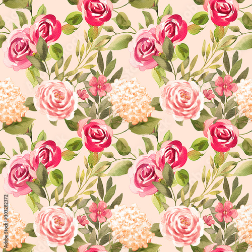 Watercolor seamless pattern with flowers  leaves