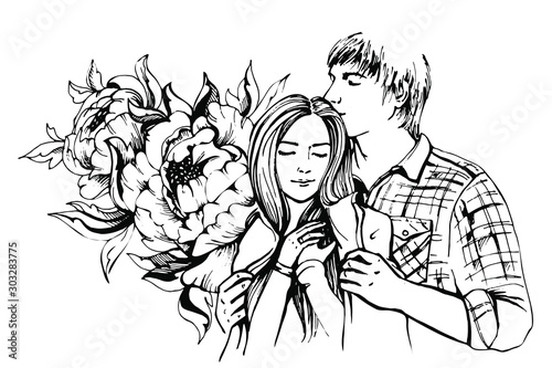 Young couple in love. Sensual sketch portrait of young stylish fashion couple. Embraces of a loving couple, couple hugging and flirting. Hand drawn vector illustration