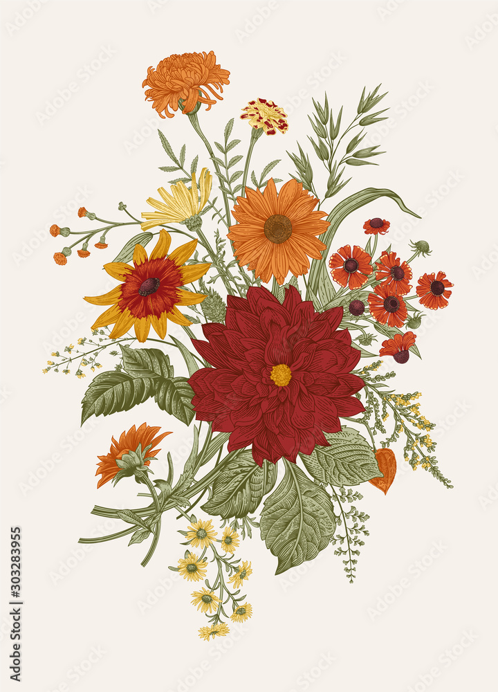 Autumn flowers. Classic flower arrangement. Vector botanical floral