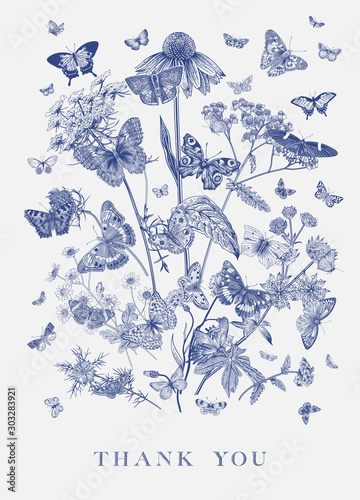..Butterflies and wild flowers. Card. Vector vintage classic illustration. Thank you. Blue and white..