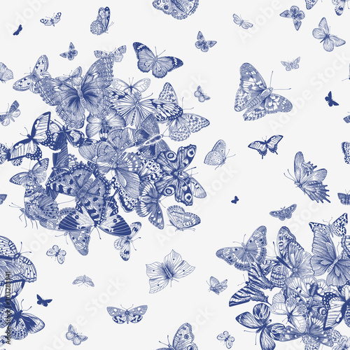 Tableau sur toile ..Butterflies. Seamless pattern. Vector vintage classic illustration. Blue and w