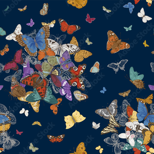 Butterflies. Seamless pattern. Vector vintage classic illustration. Colorful. Vivid color