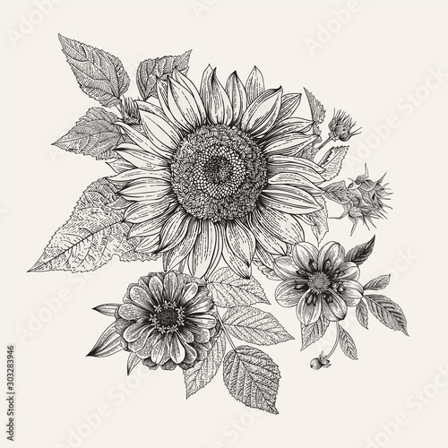 Vintage floral composition. Autumn. Sunflower, Dahlia and Zinnia. Black and white