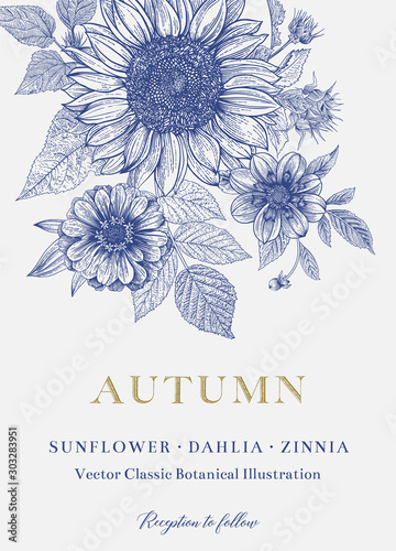 Vintage floral illustration. Wedding invitation. Autumn. Sunflower, Dahlia and Zinnia. Blue and white