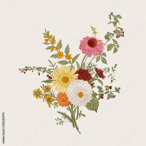 ..Autumn flowers. Classic flower arrangement. Vector botanical floral illustration. Colorful.