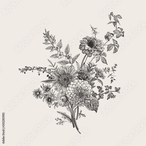 Autumn flowers. Classic flower arrangement. Vector botanical floral illustration. Black and white