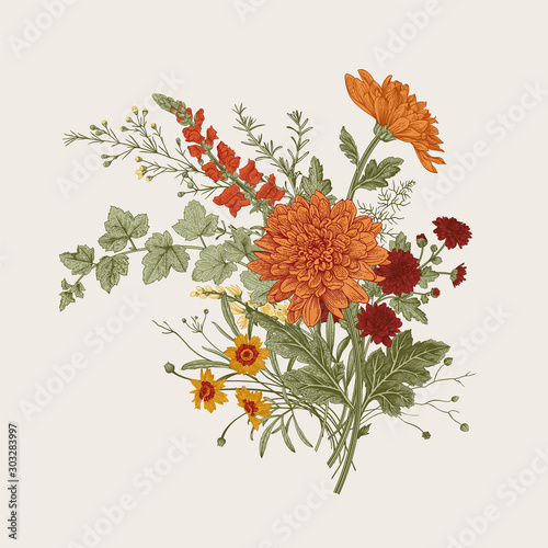Autumn flowers. Classic flower arrangement. Vector botanical floral illustration.