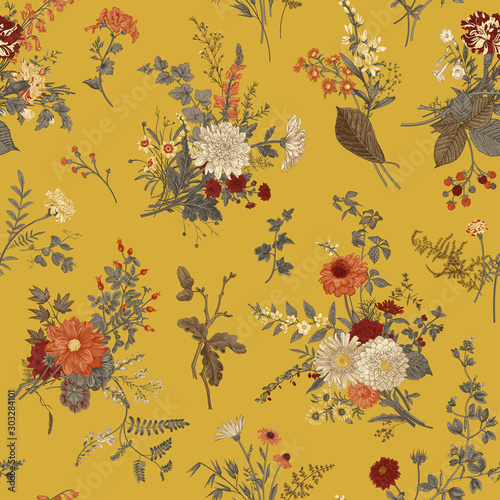 Vintage floral illustration. Seamless pattern. Autumn floral pattern. Warm