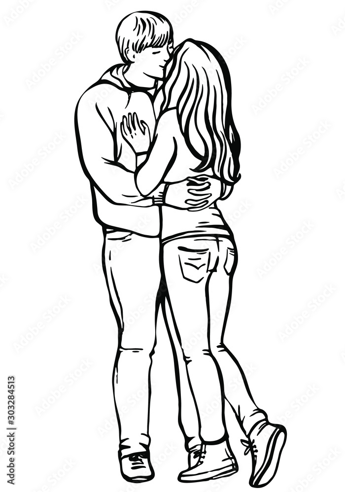 Young couple in love.Sensual sketch portrait of young stylish couple. Embraces of a loving couple, couple hugging and flirting, kissing. Hand drawn illustration.