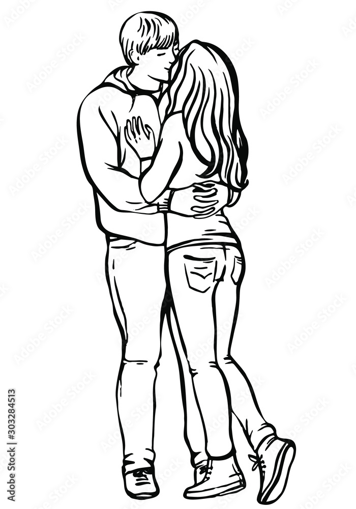 Young couple in love.Sensual sketch portrait of young stylish couple. Embraces of a loving couple, couple hugging and flirting, kissing. Hand drawn illustration. Young couple in love.Sensual sketch portrait of young stylish couple. Embraces of a loving couple, couple hugging and flirting, kissing. Hand drawn illustration.