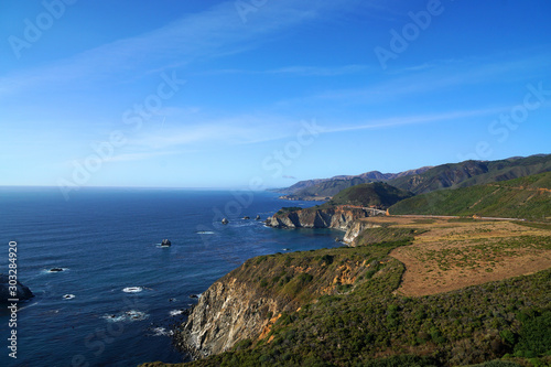 Landscape of Bixby Creek Bridge on beautiful West Coast and pacific ocean is best scenic route traveling San francisco to Los Angeles at Big Sur Area California United states - USA
