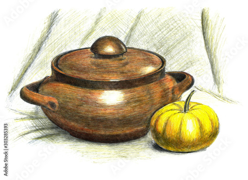 Tablou pe pânză Kitchen still life, hand-drawn with colored pencils, ceramic clay pot with a lid, a small yellow pumpkin