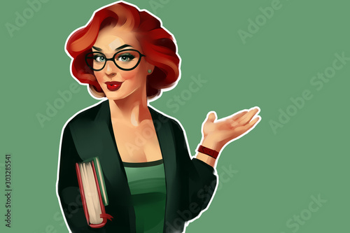 The portrait of business woman in a Pin-up style. It can be teacher, student or woman from science. With glasses, with books and graphs. Illustration on a green background.