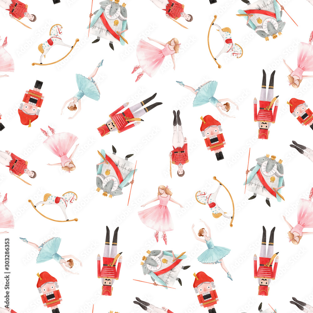 Watercolor christmas nutcracker fairy tale ballet seamless pattern Watercolor christmas nutcracker fairy tale ballet seamless pattern