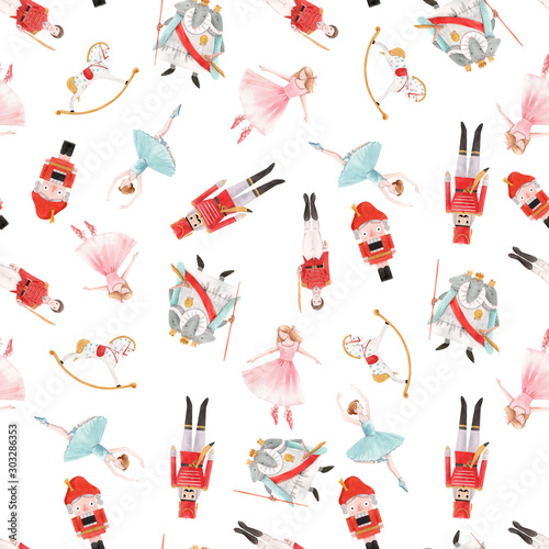 Watercolor christmas nutcracker fairy tale ballet seamless pattern