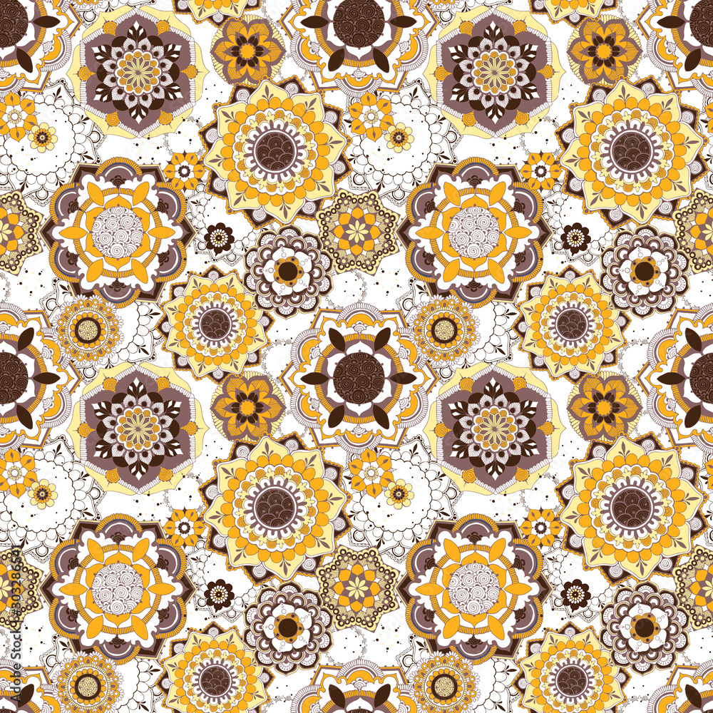Bright background with indian ornament in the form of ornate mandalas. Seamless pattern.