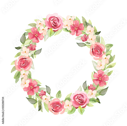 Watercolor wreath, frame with flowers, leaves